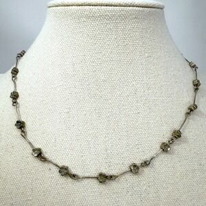 Vintage Dainty Floral Station Bar Link Chain Necklace Delicate 90s Silver Tone